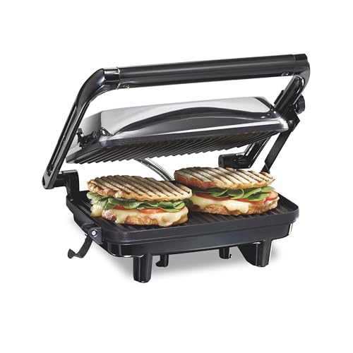Hamilton Beach Panini Press Sandwich Maker & Electric Indoor Grill with Locking Lid, Opens 180 Degrees for any Thickness for Quesadillas, Burgers & More, Nonstick 8' x 10' Grids, Chrome (25460A)