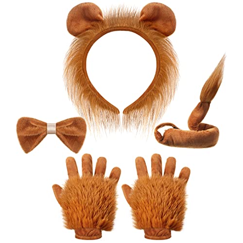 Haysandy 5 Pcs Lion Costume Set Lion Ears Headband Paw Gloves Bow Tie and Tail Brown Lion Fancy Dress Costume Kit Accessories for Kids Carnival World Book Day Halloween Cosplay Party Dress up Party