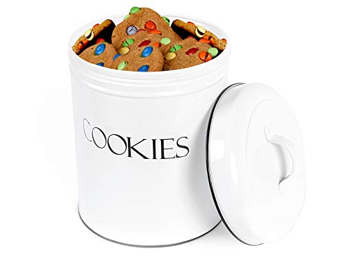 OUTSHINE White Cute Cookie Jar with Airtight Lids| Cookie Jars for Kitchen Counter|Decorative Farmhouse Cookie Jar|Kitchen Countertop Metal Treat Container|Best Cookie Tin for Gift Giving