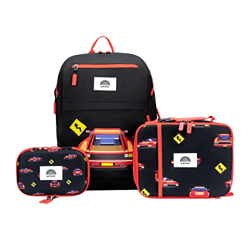 uninni Race Car Kids Backpack Set for Age 6+ fits for height 3'9' above kids with Lightweight Insulated Lunch Bag and Cute Pencil Case for Boys and Girls