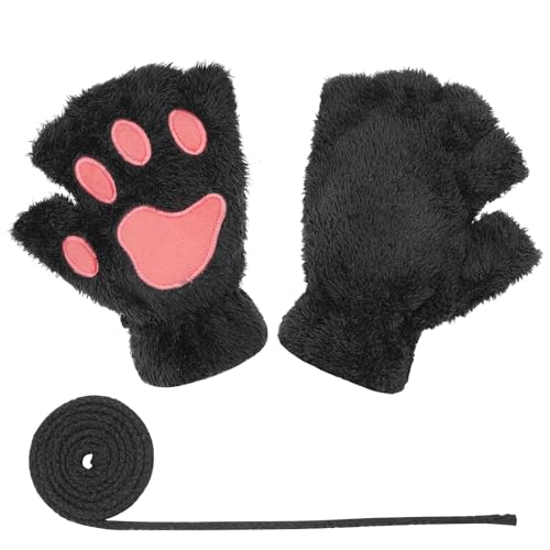 Himine Cat Claw Bear Paw Fingerless Winter Plush Gloves 1*Pair(Black)