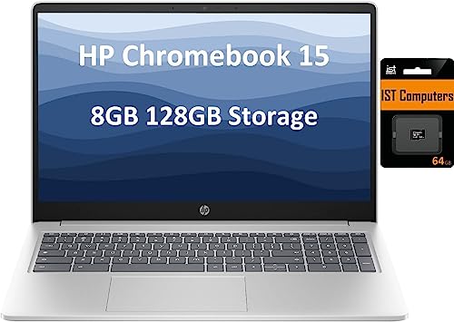 HP Chromebook 15 Laptop for Business and College (15.6' Micro-Edge, Intel N200 (Pentium N6000), 8GB RAM, 128GB Storage(64GB + 64GB), Webcam, Numeric Keyboard), IST SD Card, Chrome OS, Silver