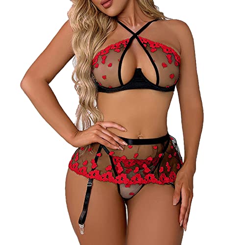 TODOZO Fashion Design Push Up See Through Garter Belt 3 Piece Suits Sexy Hot Fashion Show Lingerie Women Sexy Fuzzy (Red, S)
