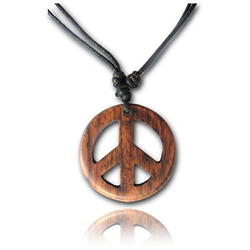 Earth Accessories Adjustable Peace Sign Pendant Necklace with Organic Wood - Hippie Accessories and Hippie Costume for 60s or 70s