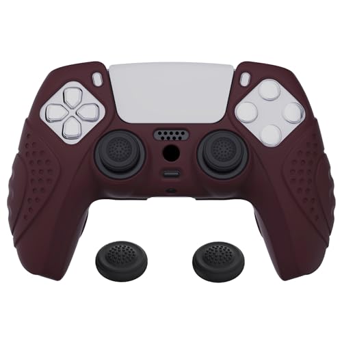 eXtremeRate PlayVital Guardian Edition Wine Red Ergonomic Soft Anti-Slip Controller Silicone Case Cover for ps5, Rubber Protector Skins with Black Joystick Caps for PS5 Controller