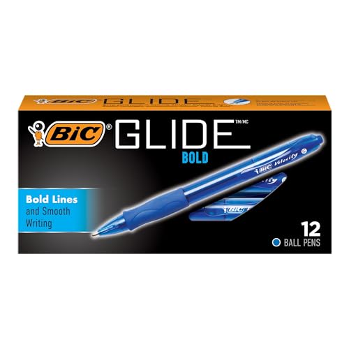 BIC Glide Bold Blue Ballpoint Pens, Bold Point (1.6mm), 12-Count Pack, Retractable Ballpoint Pens With Comfortable Full Grip