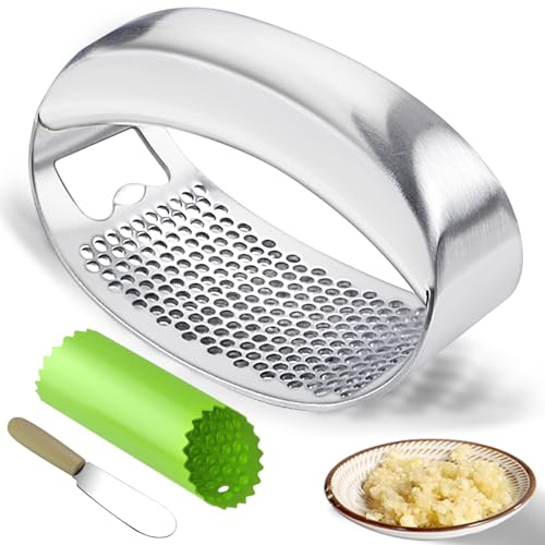 Garlic Press Rocker Heavy Duty Stainless Steel Garlic Mincer Garlic Crusher Garlic Chopper with Peeler And Scraper for Smash Garlic Built-in Bottle Opener