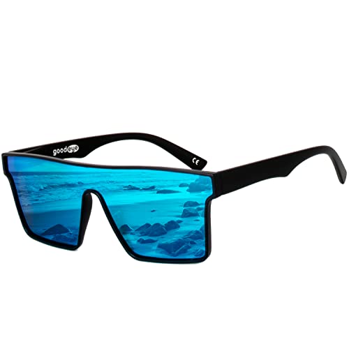 GOODEYE BRIGHT SHIFT Polarized BOLD PLATED Sunglasses | Mirrored Square Rectangle Men Women Rimless UV Cool Color (Skylight Blue)