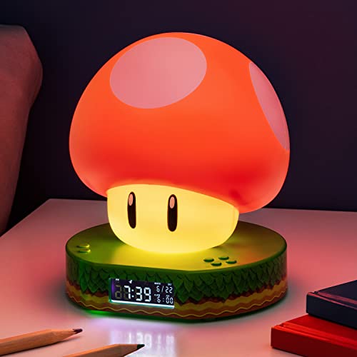 Paladone Super Mario Bros Mushroom Digital Alarm Clock with Power Up Game Sound and Night Light Glow, Licensed Nintendo Lamp for Kids Themed Bedroom and Bedside - 13.7 cm