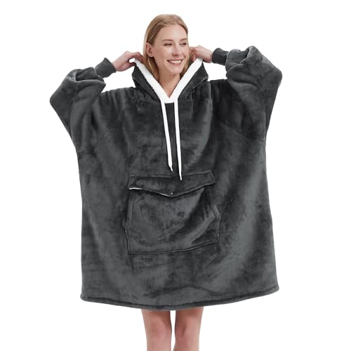 Qeils Oversized Wearable Blanket Hoodie, Comfy Sherpa Sweatshirt Pullover Jacket (Large Pocket, Dark Grey, Adult)