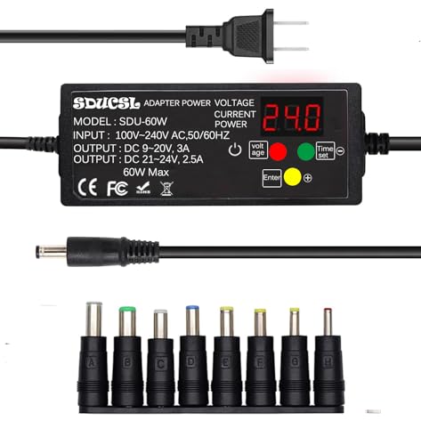 SDUCSL Adjustable Power Adapter, Universal 60W Switching Power Supply with 8 Tips, 100-240V AC to DC 9V-24V 3A Max, 24H Timer On and Off, Digital Display,Variable Converter for Speaker Router etc