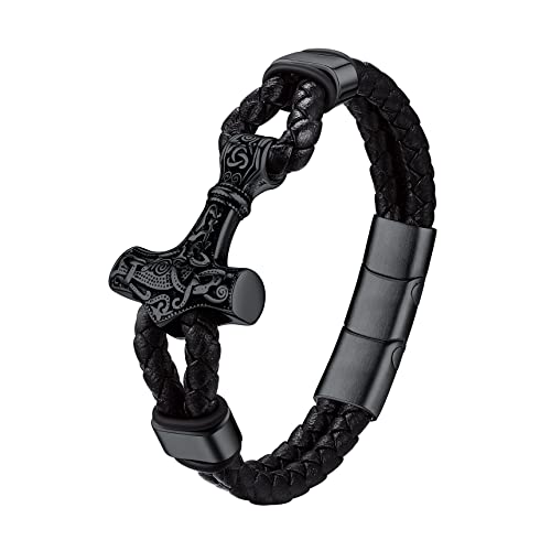 Thick Black Men Bracelets Viking Norse Thor's Hammer Amulet Charm High Qulity Leather Cord Wrap Wristband with Clasp, Personality Bracelets for Husband Boyfriend Dad