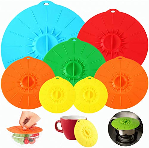 7 Pack Silicone Lids, Microwave Splatter Cover, 5 Sizes Reusable Heat Resistant Food Suction Lids fits Cups, Bowls, Plates, Pots, Pans, Skillets, Stove Top, Oven, Fridge BPA Free, Mothers Day Gifts