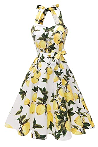 Topdress Women's Vintage Polka Audrey Dress 1950s Halter Retro Cocktail Dress White Lemon L