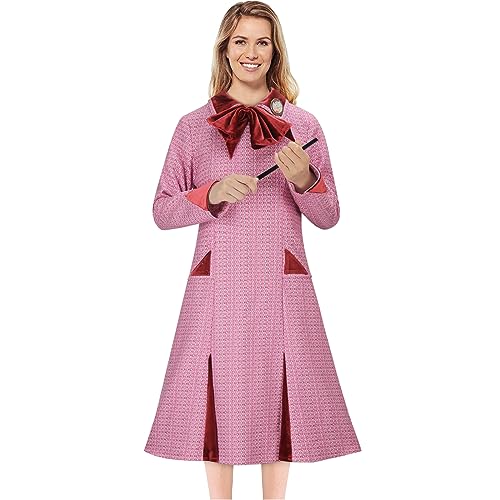 CUSFULL Dolores Umbridge Cosplay Pink Plaid Tweed Dress with Pockets Women's Bodycon Long Sleeve Dresses Halloween Witches Outfits (Small)