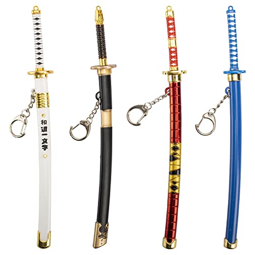 Simple polymer 4 Pcs Japanese Sword Keychains Small Pirate Knife Metal Model Weapons Keychain for Pirate Costume Accessories,Set C