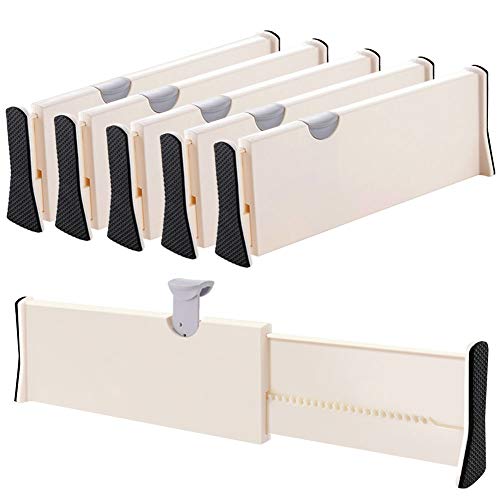 Drawer Dividers Organizer 5 Pack, Adjustable Separators 4' High Expandable from 11-17' for Bedroom, Bathroom, Closet,Clothing, Office, Kitchen Storage, Strong Secure Hold, Foam Ends, Locks in Place