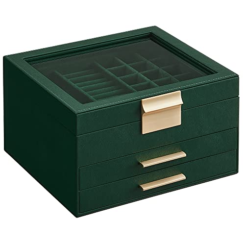 SONGMICS Jewelry Box with Glass Lid, 3-Layer Jewelry Organizer, 2 Drawers, for Big and Small Jewelry, Jewelry Storage, Modern Style, 8 x 9.1 x 5.3 Inches, Forest Green and Gold Color UJBC239C01