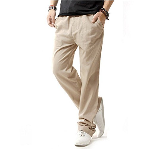 HOEREV Men Casual Beach Trousers linen Summer Pants, Beige, XXX-Large