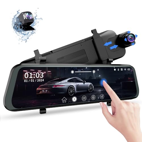 PRUVEEO Mirror Dash Cam Front and Rear, Dual Dashcam 1080P Backup Rear View Camera,10 inch Full Touch Screen, Loop Recording, G-Sensor, Parking Monitor 170° Wide Angle (J12)