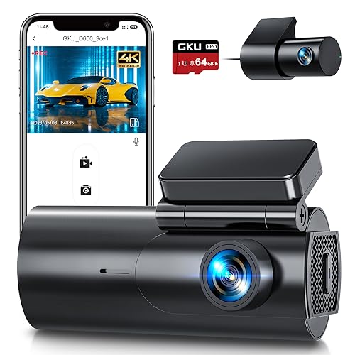 GKU Dash Cam Front and Rear Camera, 4K/2.5K Full Dashcams for Cars with Parking Monitoring, 64GB SD Card, WiFi & App Control, Night Vision, G-Sensor, Loop Recording,WDR,170° Wide Angle