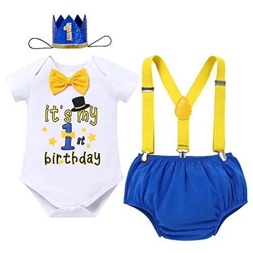 Baby Boy It's My 1st Birthday Cake Smash Outfit One Year Old Party Clothes Set Gentleman Bow Tie Short Sleeve Romper Diaper Cover Shorts Bloomers Suspenders Mini Crown Hat 4pcs Royal Blue