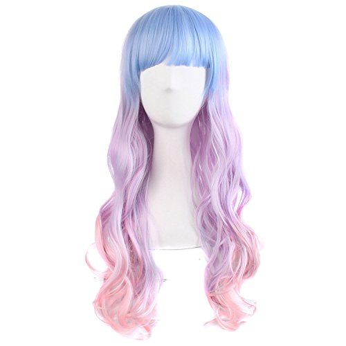 MapofBeauty 28' Wavy Multi-Color Lolita Cosplay Wig Party Wig (Light Blue/Light Purple/Pink)