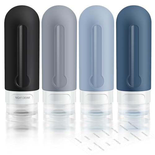 AMMAX Travel Bottles for Toiletries 3 oz with Labels Silicone Leak Proof Travel Size Containers for Shampoo Lotion Refillable Travel Bottles Portable Size as Reusable Travel Accessories for Women