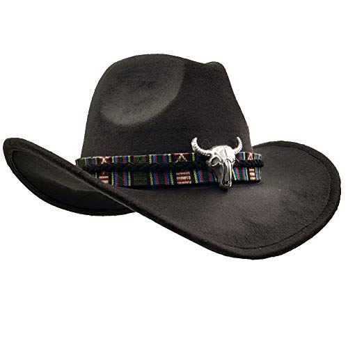 Yosang Wide Brim Men and Woman's Western Outback Cowboy Hat with Metal Bull Head Black