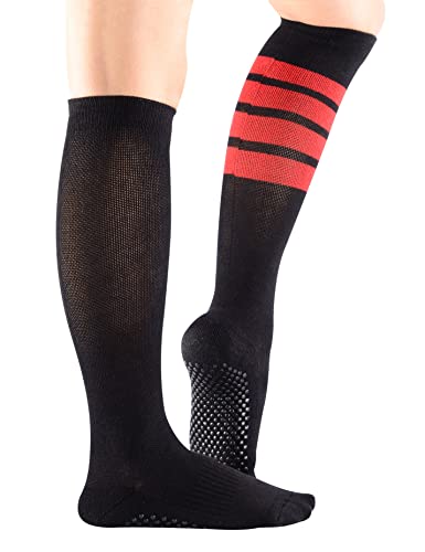 Women's 3-Pack Black and Striped Cushioned Odor Control Knee High Non Slid Gel Grips Yoga Pilate Barre Dance Socks, Size 5-9