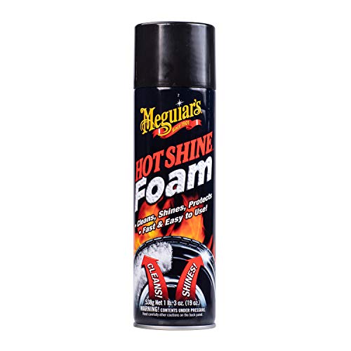 Meguiar’s Hot Shine Tire Foam - High Goss Tire Shine that Cleans, Shines, and Protects in One, Deep, Black Shine with Conditioners and UV Protection to Help Keep Tires Looking Like New, 15 Oz Aerosol