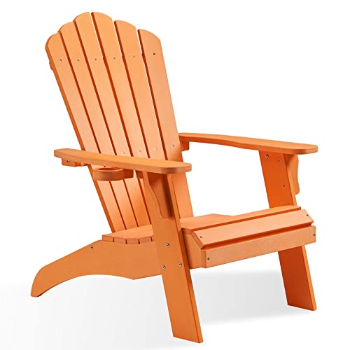 Psilvam Adirondack Chair, Oversized Poly Lumber Fire Pit Chair with Cup Holder, 350Lbs Support Patio Chairs for Garden, Weather Resistant Outdoors Seating, Relaxing Gift for Father & Mother (Orange)