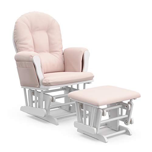 Storkcraft Premium Hoop Glider and Ottoman (White Base, Pink Cushion) – Padded Cushions with Storage Pocket, Smooth Rocking Motion, Easy to Assemble, Solid Hardwood Base