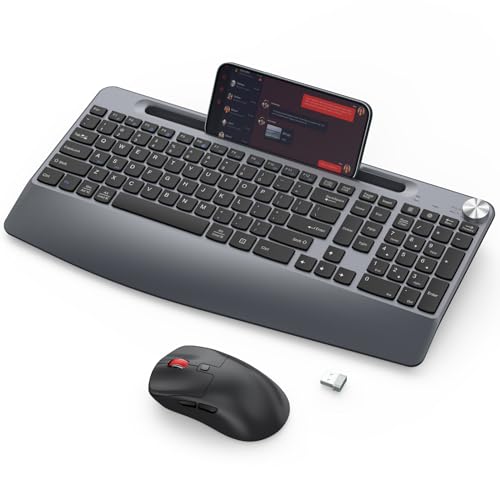 GAMCATZ Wireless Keyboard and Mouse - Full-Sized Ergonomic Keyboard with Wrist Rest, Phone Holder, Volume Knob,2.4GHz Silent Cordless Keyboard Mouse Combo for Computer, Laptop, PC, Mac, Windows -Grey
