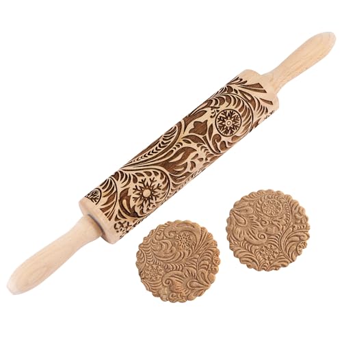 Embossed Wooden Rolling Pin for Baking,Evermarket Deep Engraved Embossing Rolling Pin with Christmas Snowflake Flower Design for Baking Embossed Cookies,Cute Kitchen Decor DIY Tool for Kids and Adults
