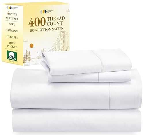 California Design Den Queen Size Bed Set, Good Housekeeping Award Winner, 400 Thread Count 100% Cotton Sheets Sateen, Deep Pocket Queen Sheets, Extra Soft 4-Pc Bed Sheets, Cooling Sheets (White)