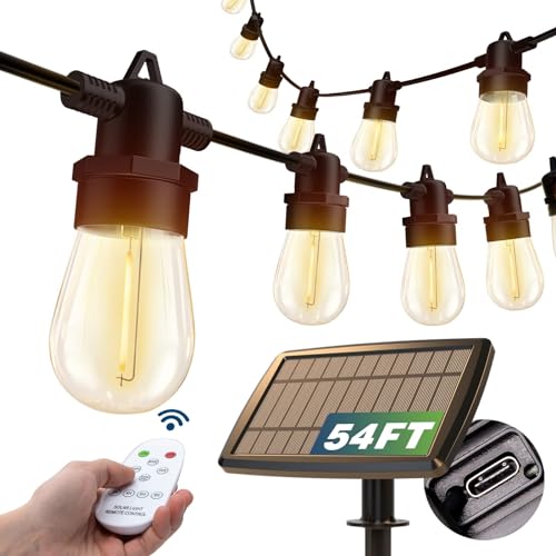 addlon 54(48+6) FT Solar String Lights Outdoor Waterproof with USB Port & Remote Control Solar Patio Lights Long Last for 20+Hrs Dimmable Solar Power LED Bulbs for Porch Garden Market Bistro