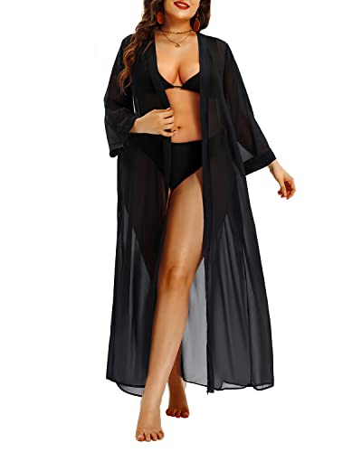 Plus Size Kimono Swimsuit Cover Ups Women Long Sleeve Flowy Maxi Bathing Suit Tie Front Robe Black Cover Up with Belt