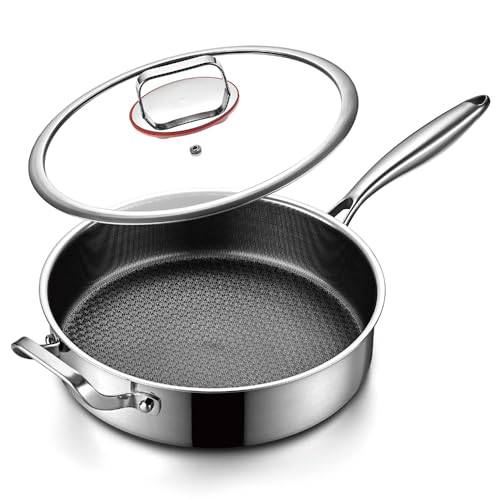 DOTCLAD Saute Pan,Hybrid Non Stick 5 Quart Saute pan,PFOA Free Cookware,Stainless Steel skillet,12 inch Deep Frying Pans Nonstick with Lid,Dishwasher and Oven Safe, Works on All Cooktops