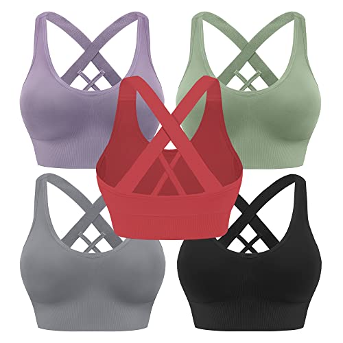 BLUELILY Sports Bras for Women High Impact Cross Back Strappy Bras Cropped Padded Seamless Workout Yoga Bras Set