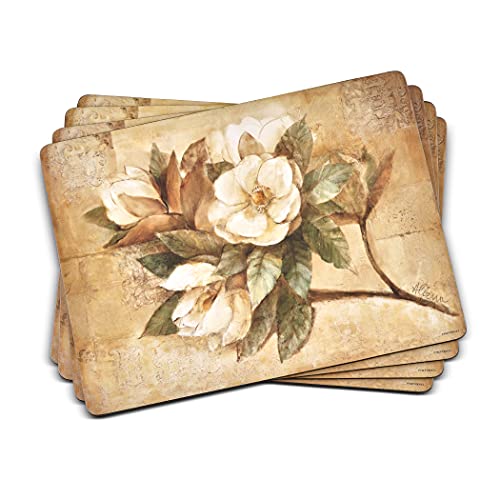 Pimpernel Sugar Magnolia Collection Placemats | Set of 4 | Heat Resistant Mats | Cork-Backed Board | Hard Placemat Set for Dining Table | Measures 15.7” x 11.7”