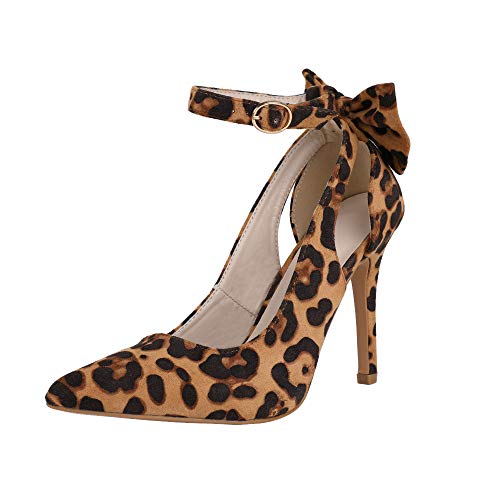 PiePieBuy Women's Pointed Toe High Heels Ankle Strap D'Orsay Pumps Shoes Bow Wedding Bowtie Back Dress Sandals (11 B(M) US - EU Size 42, Leopard)