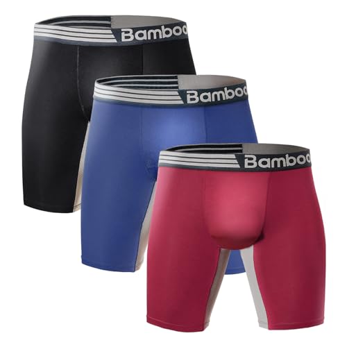 emBamboo Mens Long Leg Boxer Briefs Anti Chafe Breathable Moisture-Wicking Bamboo Trunks Underwear with No Fly Pouch for Men 3 Pack (XL,Black/Wine Red/Blue)
