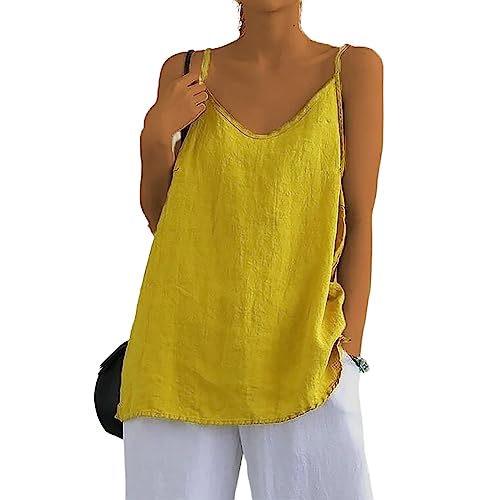 Mayntop Women Camisole Cotton Linen Spaghetti Strap Cami Top Sleeveless V-Neck Solid Color Plain Loose Basic Tank A Yellow L