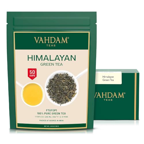 VAHDAM, Himalayan Green Tea Leaves (50+ Cups, 3.53 Oz) Non GMO, Gluten Free | High Elevation Grown Green Tea Leaves From Himalayas | Pure Unblended Single Origin Green Loose Leaf Tea | Vacuum Sealed
