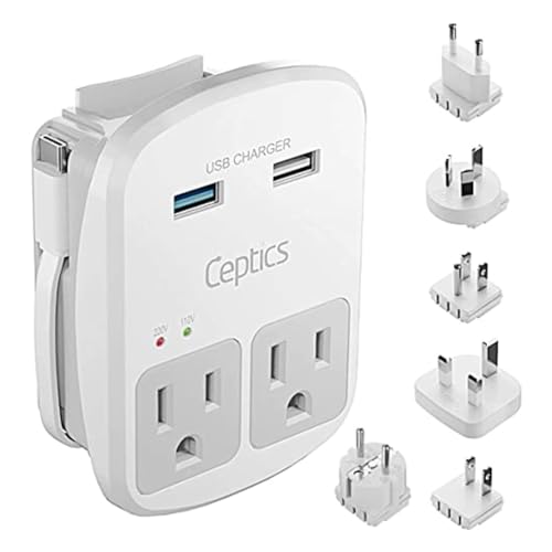 Ceptics Universal Travel Adapter Kit - 2 USB, USB-C Cord+2 US Outlets QC 3.0, Surge Protection, Plugs for Europe, UK, China, Australia, Japan - Perfect for Laptop, Cell Phones, Cameras,Safe ETL Tested
