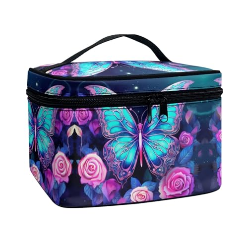ELEDIZI Blue Butterfly Make Up Case Bag for Women Portable Toiletry Bag Blue Cosmetic Bags for Teens Casual Cosmetic Storage Bag with Handle for Women Travel Accessories for Women