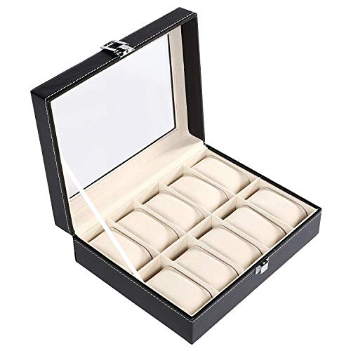 GUKA Watch Box, 10 Slot Watch Case with Real Glass Lid, Watch Display Case with PU Leather for Men and Women, Black