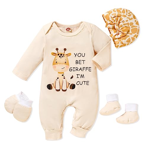 Sinhoon Newborn Baby Girl Romper Infant Letter Print Bodysuit Jumpsuit+Hat+Gloves+Socks 4Pcs Cute Coming Home Clothes Outfit Set (Beige-Giraffe, 1-3 Months)