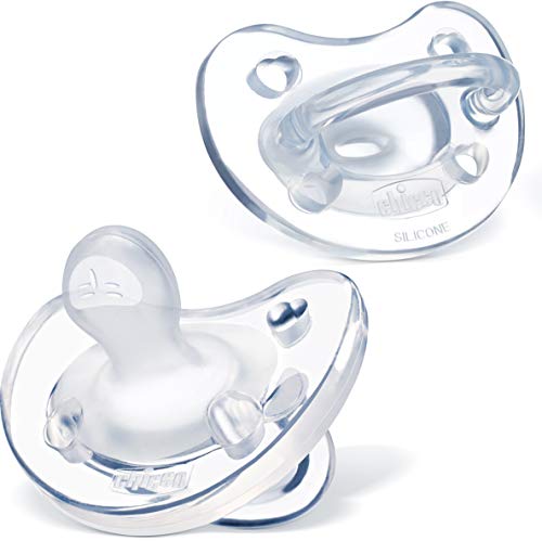 Chicco PhysioForma 100% Soft Silicone One Piece Pacifier for Babies aged 0-6 months | Orthodontic Nipple Supports Breathing | BPA & Latex Free | Reusable Sterilizing Case | Clear, 2 Count (Pack of 1)